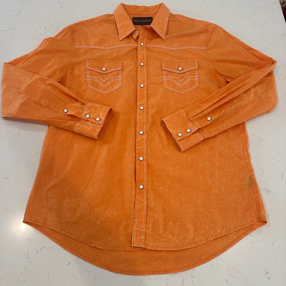 Rock & Roll Cowboy Mens XL Western Shirt Pearl Snap Orange B2S6287 Rodeo